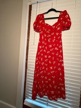 Bardot Red Floral Puff-Sleeve Midi Dress